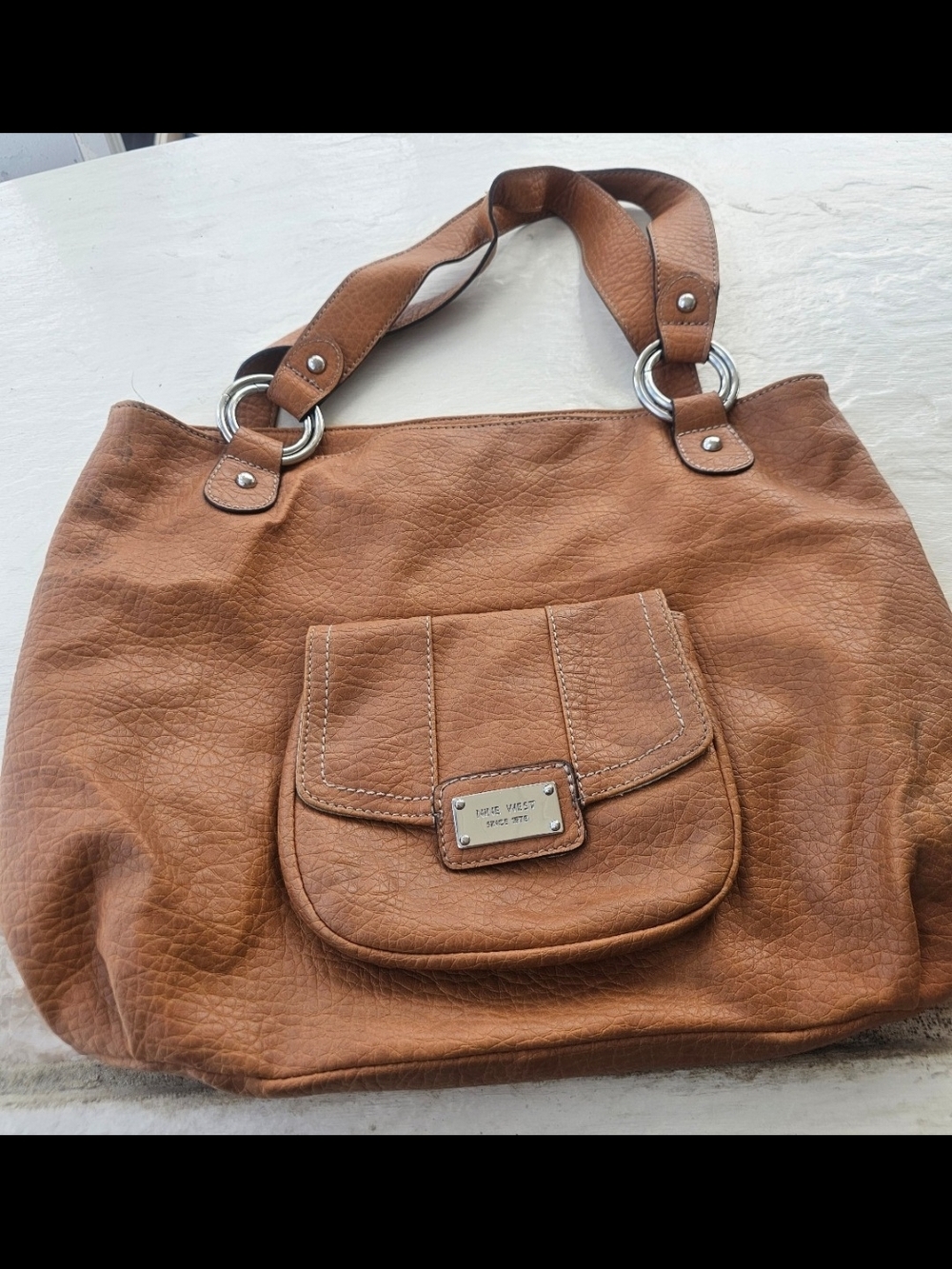 Nine West Tan Leather-Look Shoulder Bag with Front Flap Pocket